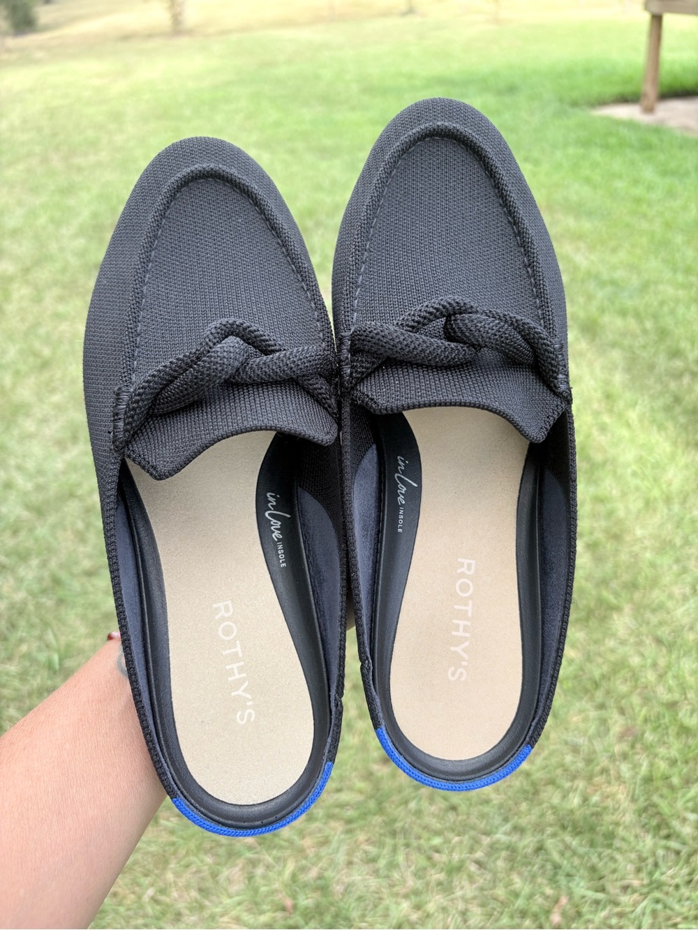 Rothy's Black Knit Women's Loafers with Blue Heel Trim
